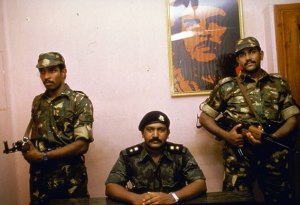 Feared LTTE leader Prabhakaran, flanked by Indian guards