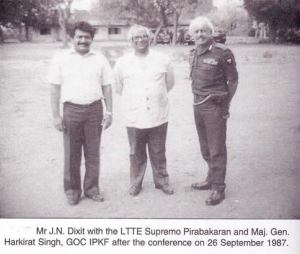 From left: Prabhakaran, Dixit and General Harkirat Singh. Ten days after this picture was taken, they will be fighting a war against each other.
